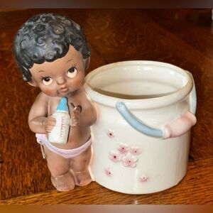 Vintage Lefton 7505 African American Baby Nursery Planter Vase